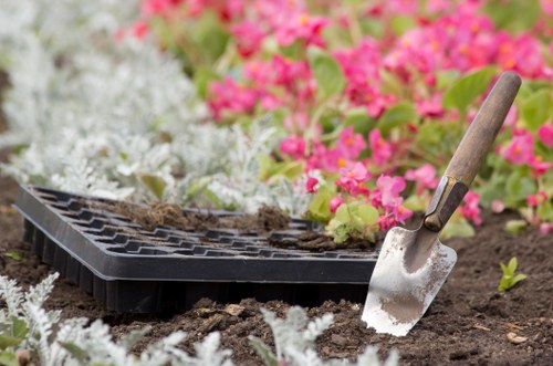 A gardening scene in a front or back garden shows a black seed tray placed on freshly turned soil, with small plants growing on one side of the tray. A silver garden trowel with a wooden handle is partially embedded in the soil, suggesting planting activity. Surrounding the tray and soil are areas of lush grass and borders filled with vibrant pink and white flowering plants, providing a colourful contrast to the natural green and earth tones. The garden appears well-maintained, with a clear focus on planting or transplanting flowers in a tidy outdoor space, indicative of professional gardening work. The scene may be set during a dry, bright day with natural sunlight illuminating the scene, emphasizing the textures of soil, plants, and gardening tools, aligning with gardening and landscaping services offered in Hainault or nearby areas in the UK.